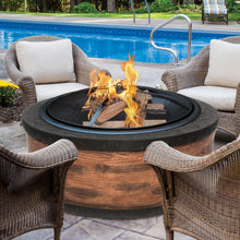 Load image into Gallery viewer, Sun Joe SJFP28-STN-RW 28-Inch Cast Stone Base, Wood Burning 24-Inch Fire Pit w/Dome Screen and Poker, Rustic Wood
